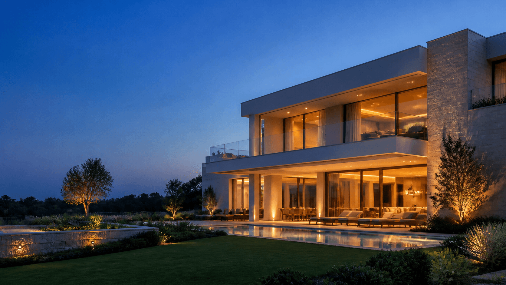 Modern luxury home at blue hour
